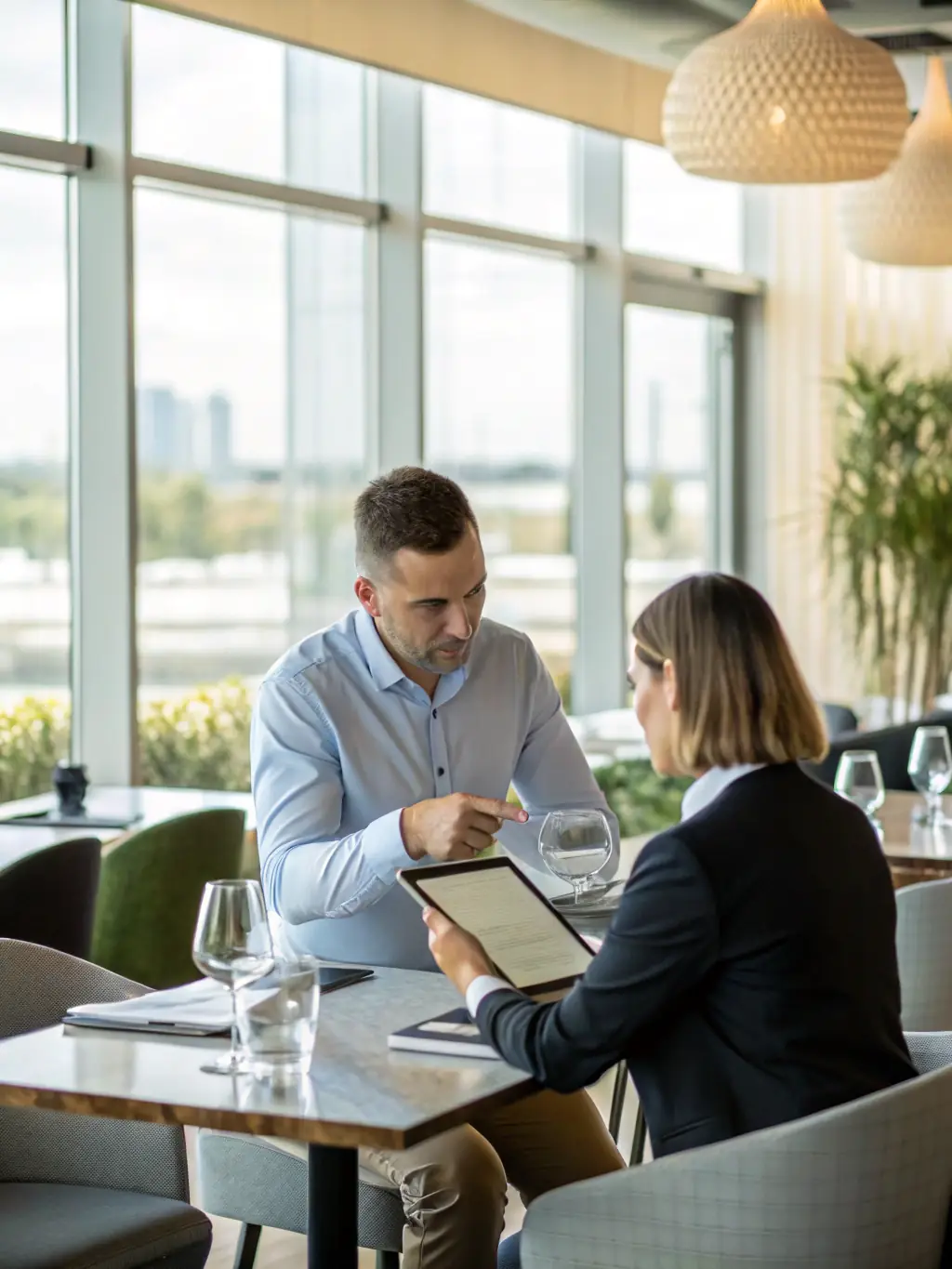 A business coach presenting a financial plan to a restaurant owner, emphasising economic planning.