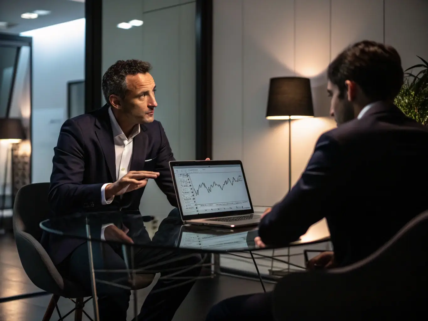 A professional photograph of a financial advisor reviewing investment portfolios with a cafe owner in a modern office setting, emphasizing trust and collaboration.