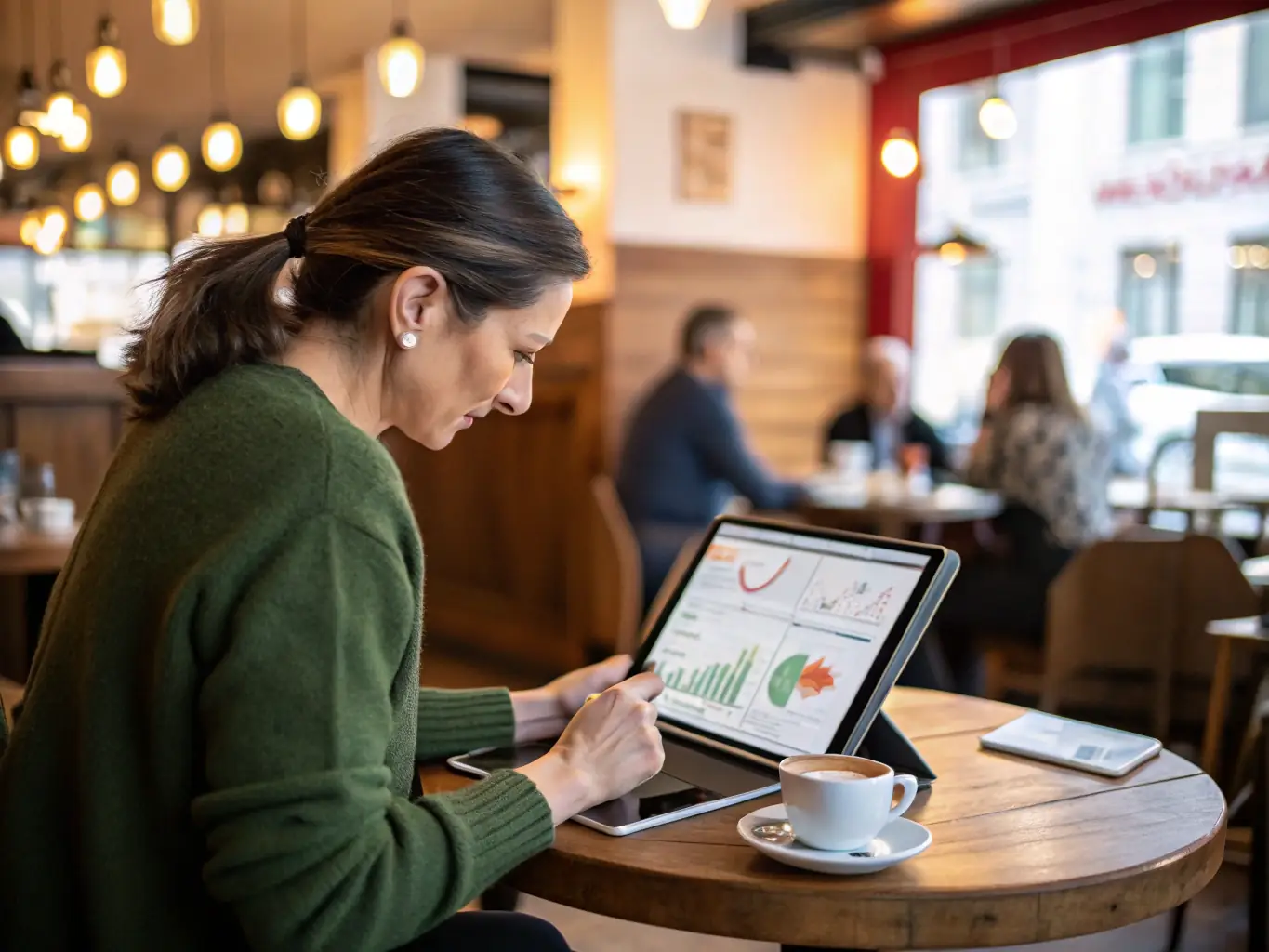 A visually appealing image of a cafe owner confidently managing their business finances on a tablet, showcasing efficiency and control.